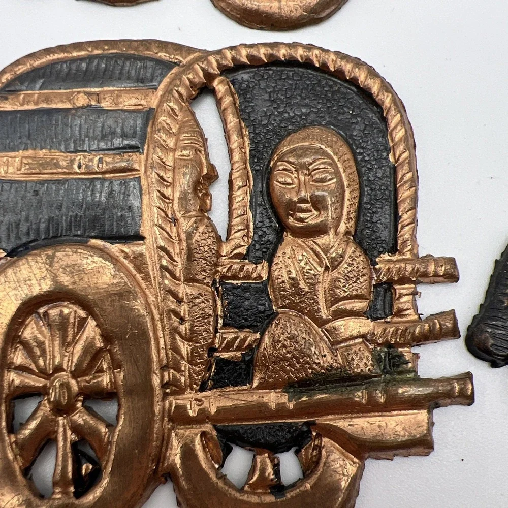 X4 Covered  Wagon Cattle Women Copper Metal Wall Hangings VTG